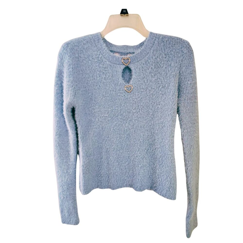 No Boundaries Sweater Juniors Medium 7-9 Baby Blue Sequin Hearts